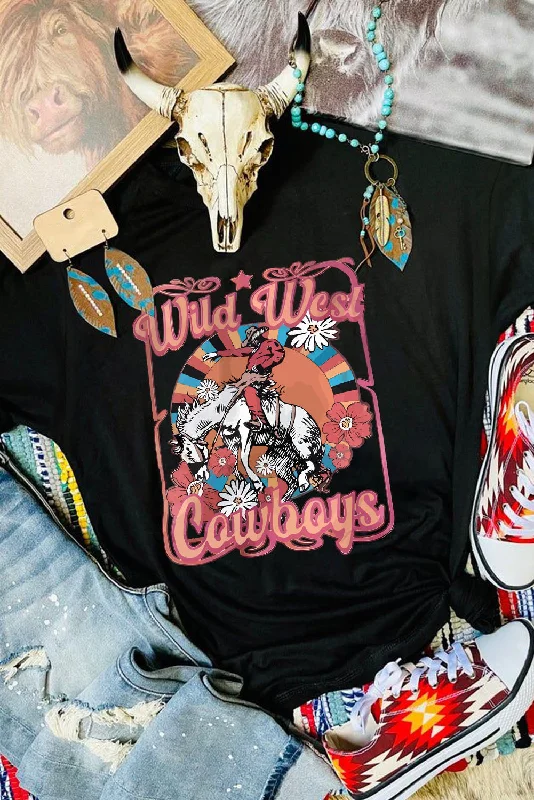 Black Wild West Cowboys Floral Horse Graphic T Shirt-- Iron Safe Non-Iron Wrinkle Free Black Wild West Cowboys Floral Horse Graphic T Shirt-- Iron Safe Non-Iron Wrinkle Free