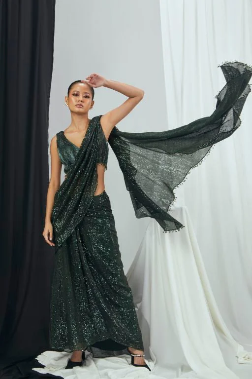 Pre Draped Saree with Ruched Blouse Airy Cotton Blouse