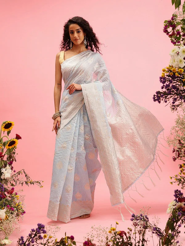 Blue Linen Woven Thread Floral Saree with Unstitched Blouse - Hiral Fashion Boho Printed Blouse Blue Linen Woven Thread Floral Saree with Unstitched Blouse - Hiral Fashion Boho Printed Blouse