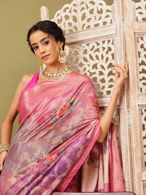 Pink Cotton Digital Print Floral Saree with Unstitched Blouse - Hiral Fashion Casual Relaxed Blouse Pink Cotton Digital Print Floral Saree with Unstitched Blouse - Hiral Fashion Casual Relaxed Blouse