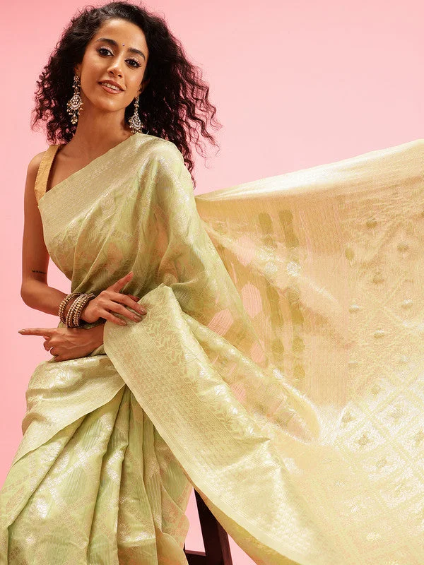Green Linen Woven Thread Geomatric Saree with Unstitched Blouse - Hiral Fashion Satin Long Blouse