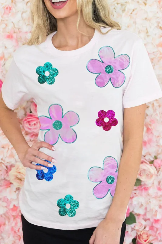 White Sequined Flower Pattern Round Neck T Shirt-- Polka Dot Checkered Tartan