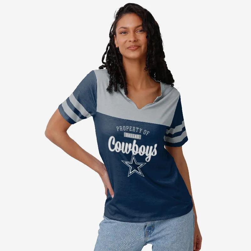 Dallas Cowboys Womens Team Stripe Property Of V-Neck T-Shirt-- Hooded Caped Shawl Collar
