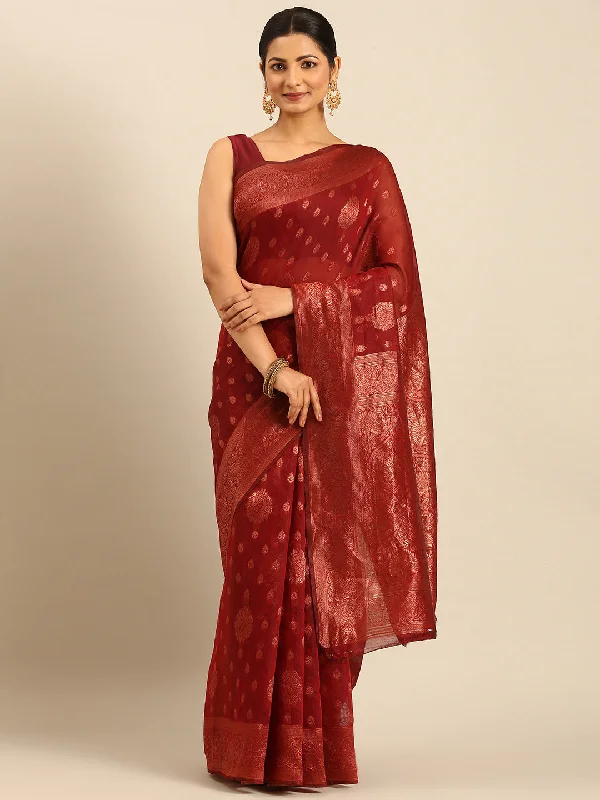 Women Maroon Cotton Saree With Un Stitched Blouse - Aanika Slim Fit Blouse