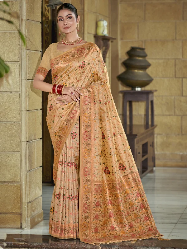 Women Beige Silk Saree With Un Stitched Blouse - Aanika Loose Oversized Blouse