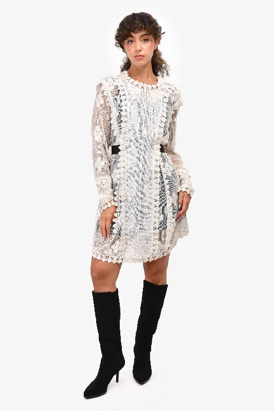 Maje White Crochet Lace Mini Dress with Black Slip + Ribbon Waist Tie Size 1 Trendy Denim Mini Dress Maje White Crochet Lace Mini Dress with Black Slip + Ribbon Waist Tie Size 1 Trendy Denim Mini Dress