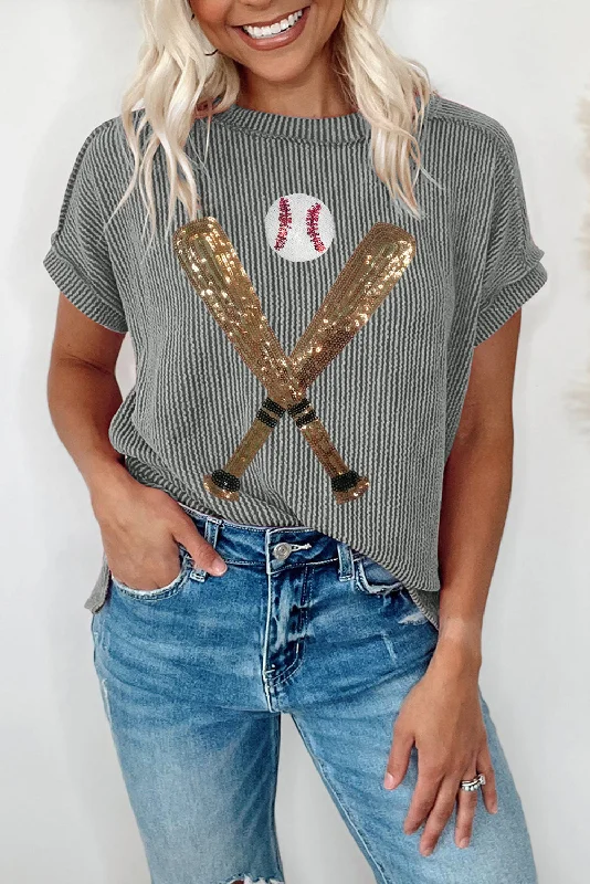 Medium Grey Sequin Baseball Pattern Ribbed Knit Crewneck T Shirt-- Zippered Front Buttoned Front Snap Front Medium Grey Sequin Baseball Pattern Ribbed Knit Crewneck T Shirt-- Zippered Front Buttoned Front Snap Front