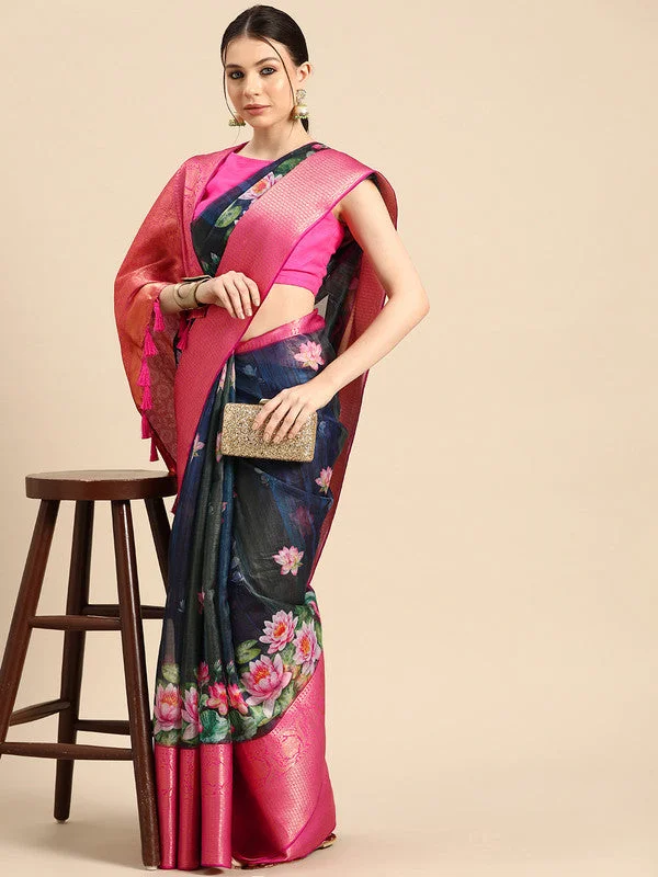 Navy Blue Munga Silk Digital Print Floral Saree with Unstitched Blouse - Hiral Fashion Peter Pan Collar Blouse Navy Blue Munga Silk Digital Print Floral Saree with Unstitched Blouse - Hiral Fashion Peter Pan Collar Blouse