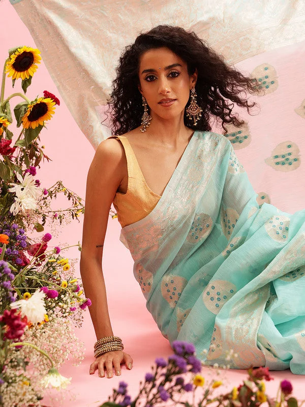 Turquoise Linen Woven Thread Floral Saree with Unstitched Blouse - Hiral Fashion Satin Bow Blouse