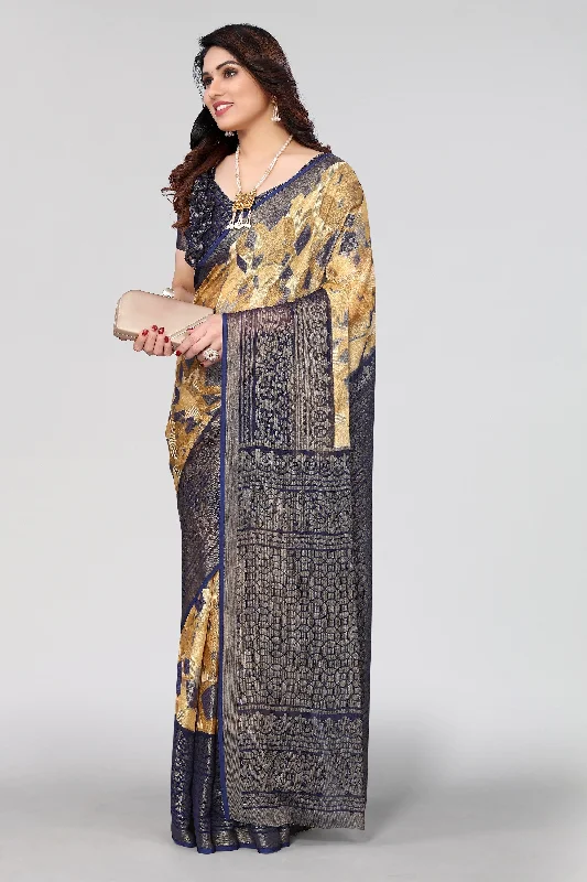 NOZ2TOZ Women Party Wear Printed Brasso Chiffon Saree with Unstitched Blouse - Navy Blue Chic Off-Shoulder Blouse NOZ2TOZ Women Party Wear Printed Brasso Chiffon Saree with Unstitched Blouse - Navy Blue Chic Off-Shoulder Blouse