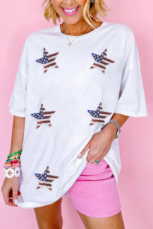 White Sequin American Flag Star Graphic Tunic T Shirt-- Satin Blend Silk Blend Wool Blend