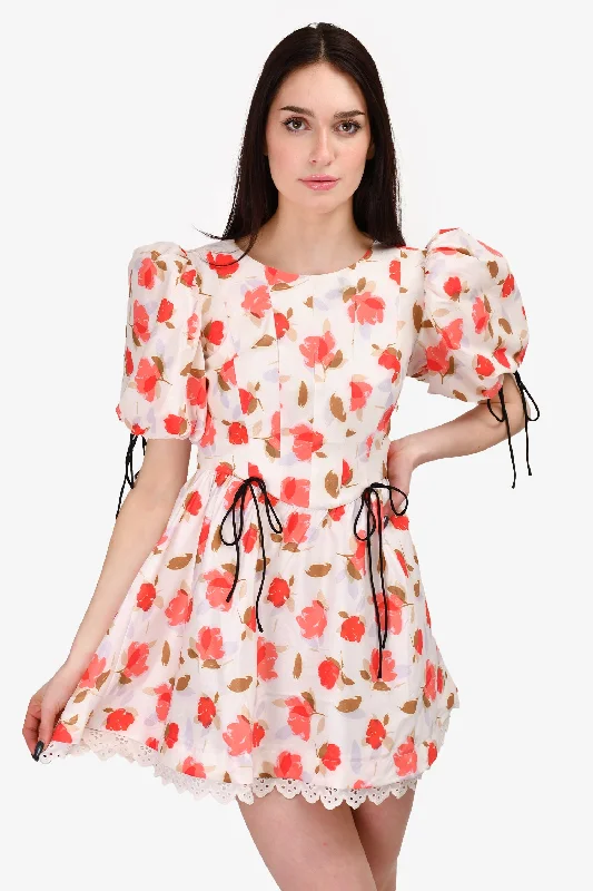 For Love & Lemons White And Red Floral Puff Sleeve Mini Dress Size M Trendy A-Line Mini Dress For Love & Lemons White And Red Floral Puff Sleeve Mini Dress Size M Trendy A-Line Mini Dress