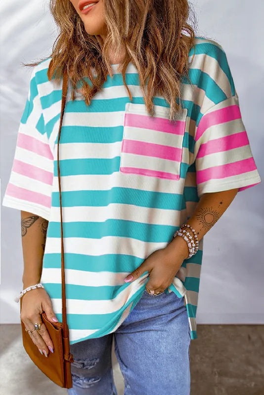 Blue Stripe Contrast Patch Pocket Drop Sleeve T Shirt-- Print Jacquard Patchwork