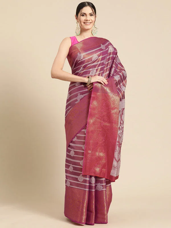 Pink Silk Blend Woven Zari Design Striped Saree with Unstitched Blouse - Hiral Fashion Slim Fit Blouse Pink Silk Blend Woven Zari Design Striped Saree with Unstitched Blouse - Hiral Fashion Slim Fit Blouse