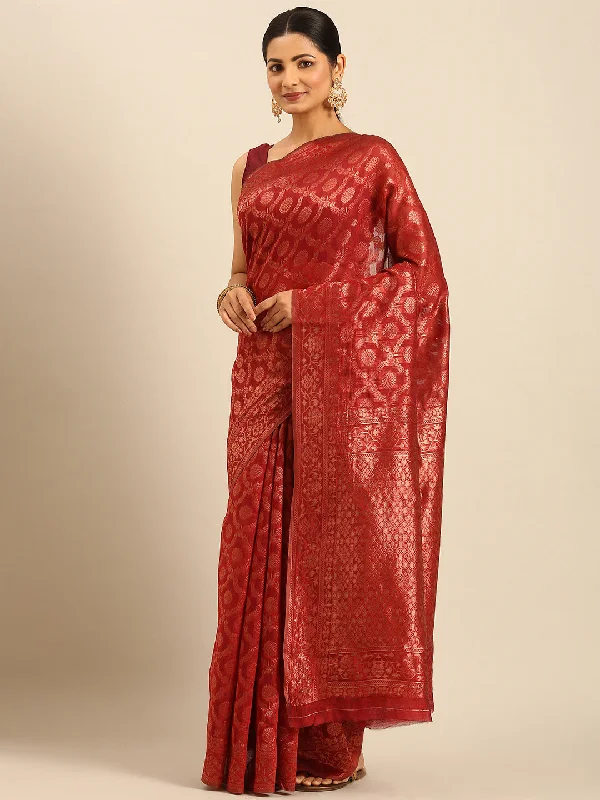 Women Red Cotton Saree With Un Stitched Blouse - Aanika Stretchy Fitted Blouse