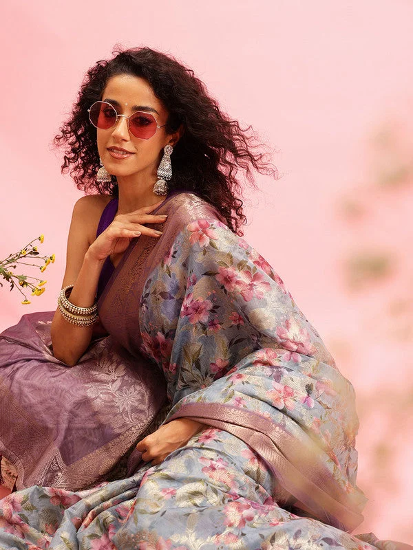 Gray Cotton Digital Print Floral Saree with Unstitched Blouse - Hiral Fashion Embroidered Cotton Blouse Gray Cotton Digital Print Floral Saree with Unstitched Blouse - Hiral Fashion Embroidered Cotton Blouse