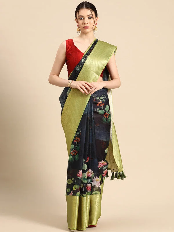Navy Blue Munga Silk Digital Print Floral Saree with Unstitched Blouse - Hiral Fashion Sleeveless Chiffon Blouse Navy Blue Munga Silk Digital Print Floral Saree with Unstitched Blouse - Hiral Fashion Sleeveless Chiffon Blouse