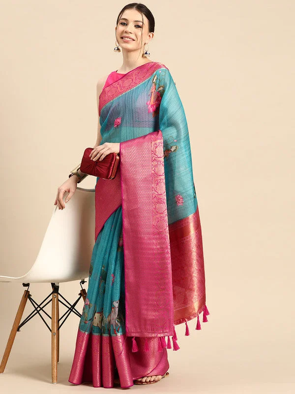 Turquoise Munga Silk Digital Print Animal Print Saree with Unstitched Blouse - Hiral Fashion Oversized Silk Blouse Turquoise Munga Silk Digital Print Animal Print Saree with Unstitched Blouse - Hiral Fashion Oversized Silk Blouse