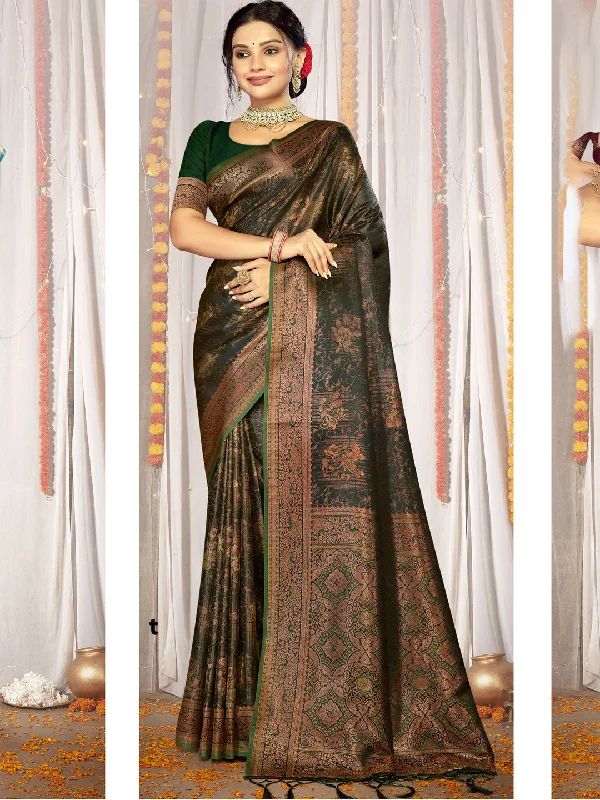 Women Green Satin Silk Saree With Un Stitched Blouse - Aanika Peter Pan Blouse