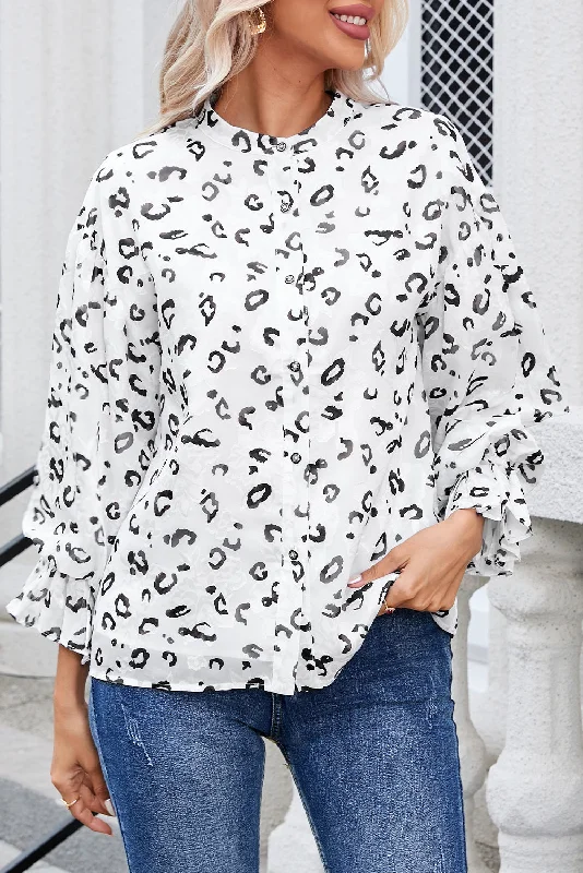 White Leopard Print Button up Ruffled Sleeve Shirt-- V-Neck T-Shirt Long Sleeve Cotton White Leopard Print Button up Ruffled Sleeve Shirt-- V-Neck T-Shirt Long Sleeve Cotton