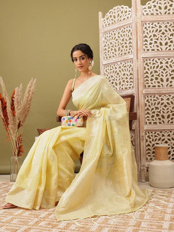 Yellow Linen Woven Thread Floral Saree with Unstitched Blouse - Hiral Fashion Elegant Embroidery Blouse Yellow Linen Woven Thread Floral Saree with Unstitched Blouse - Hiral Fashion Elegant Embroidery Blouse