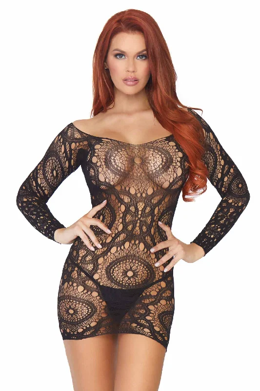 Crochet Lace Long Sleeved Mini Dress Modern Satin Mini Dress