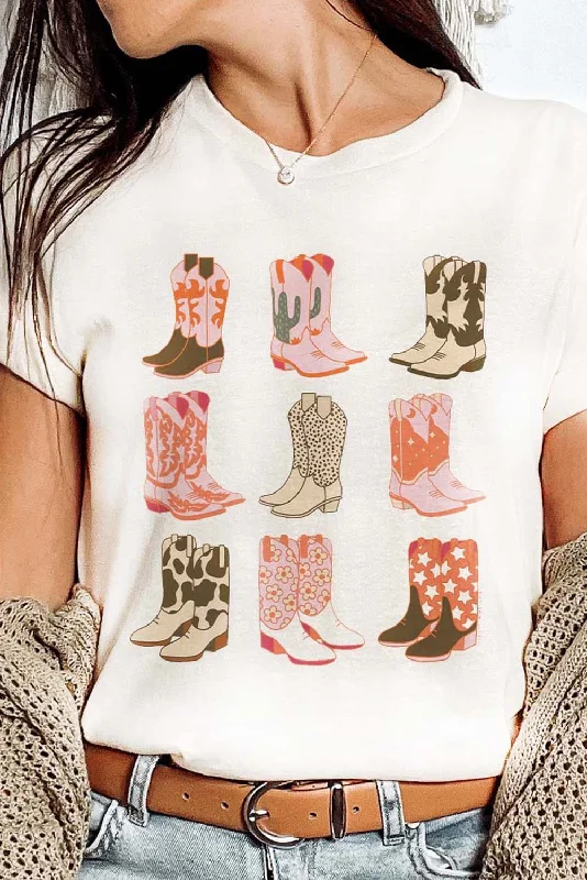 White Western Cowboy Boots Print Round Neck T Shirt-- Collared Crew Neck Turtle Neck White Western Cowboy Boots Print Round Neck T Shirt-- Collared Crew Neck Turtle Neck