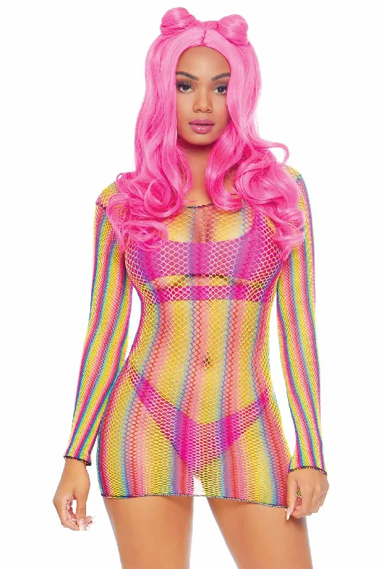Rainbow Fishnet Long Sleeved Mini Dress Cozy Ruched Mini Dress