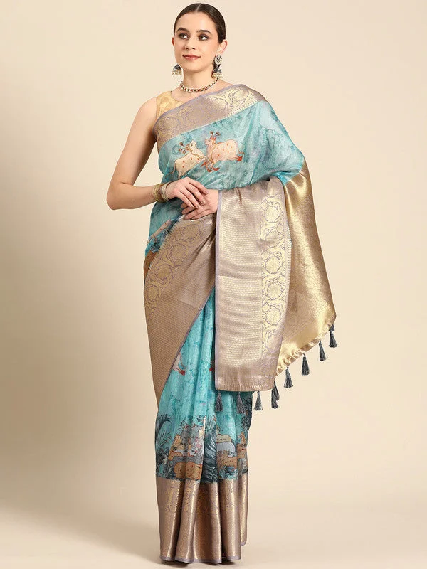 Turquoise Munga Silk Digital Print Animal Print Saree with Unstitched Blouse - Hiral Fashion Polished Work Blouse Turquoise Munga Silk Digital Print Animal Print Saree with Unstitched Blouse - Hiral Fashion Polished Work Blouse