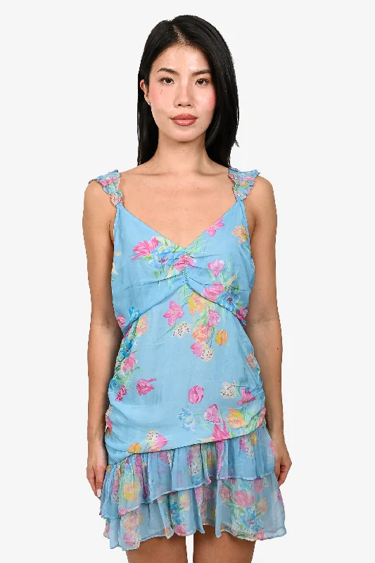 LoveShackFancy Blue Floral Ruffle 'Desra' Mini Dress Size 10 Stylish Spaghetti Strap Mini Dress