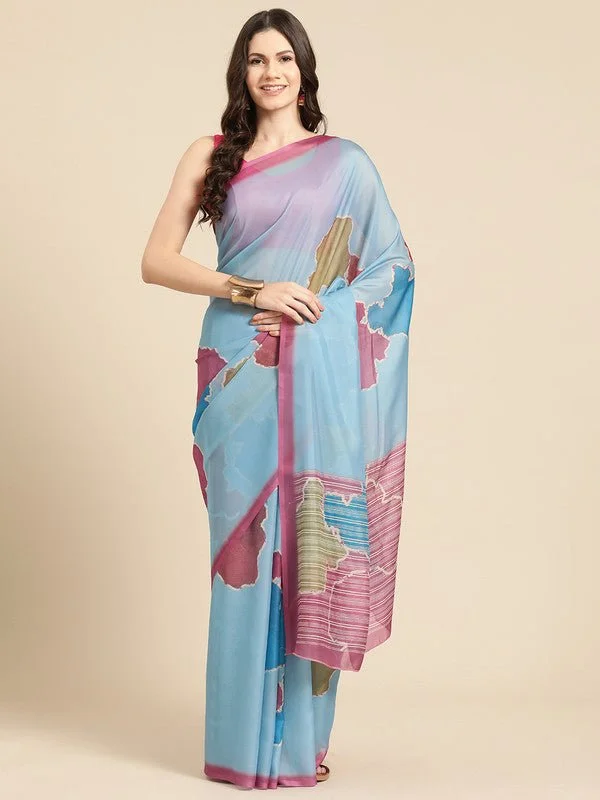 Aqua Silk Blend Printed Abstract Saree with Unstitched Blouse - Hiral Fashion Peter Pan Blouse Aqua Silk Blend Printed Abstract Saree with Unstitched Blouse - Hiral Fashion Peter Pan Blouse