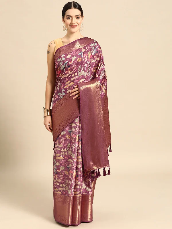 Purple Kanchipuram Silk Digital Print Floral Saree with Unstitched Blouse - Hiral Fashion Double Button Blouse Purple Kanchipuram Silk Digital Print Floral Saree with Unstitched Blouse - Hiral Fashion Double Button Blouse