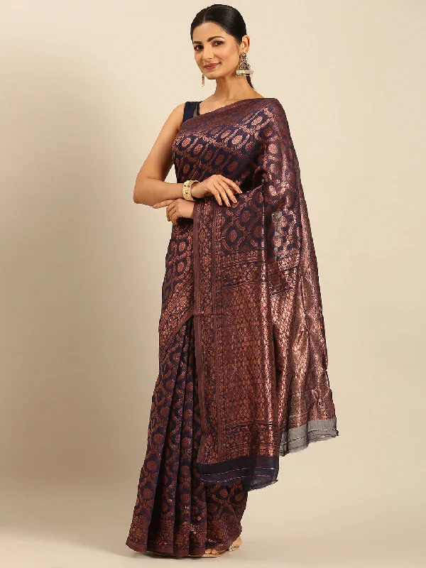 Women Navy Blue Cotton Saree With Un Stitched Blouse - Aanika Casual Relaxed Fit Blouse Women Navy Blue Cotton Saree With Un Stitched Blouse - Aanika Casual Relaxed Fit Blouse