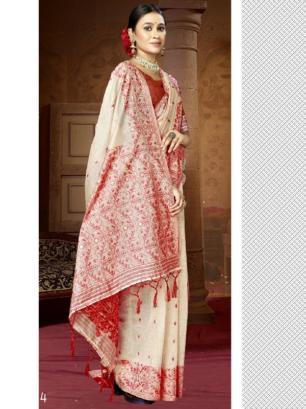 Women Cream Cotton Saree With Un Stitched Blouse - Aanika Sheer Mesh Blouse