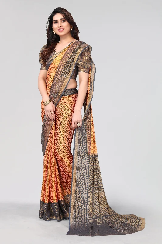 NOZ2TOZ Women Party Wear Printed Brasso Chiffon Saree with Unstitched Blouse - Grey Wrap Front Blouse NOZ2TOZ Women Party Wear Printed Brasso Chiffon Saree with Unstitched Blouse - Grey Wrap Front Blouse