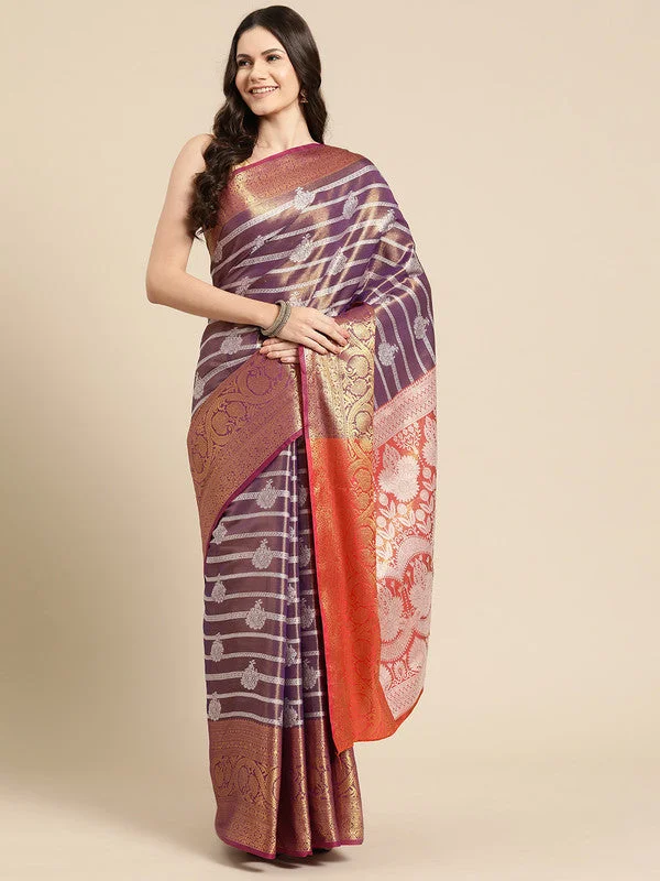 Purple Silk Blend Woven Zari Design Striped Saree with Unstitched Blouse - Hiral Fashion Sheer Mesh Blouse Purple Silk Blend Woven Zari Design Striped Saree with Unstitched Blouse - Hiral Fashion Sheer Mesh Blouse