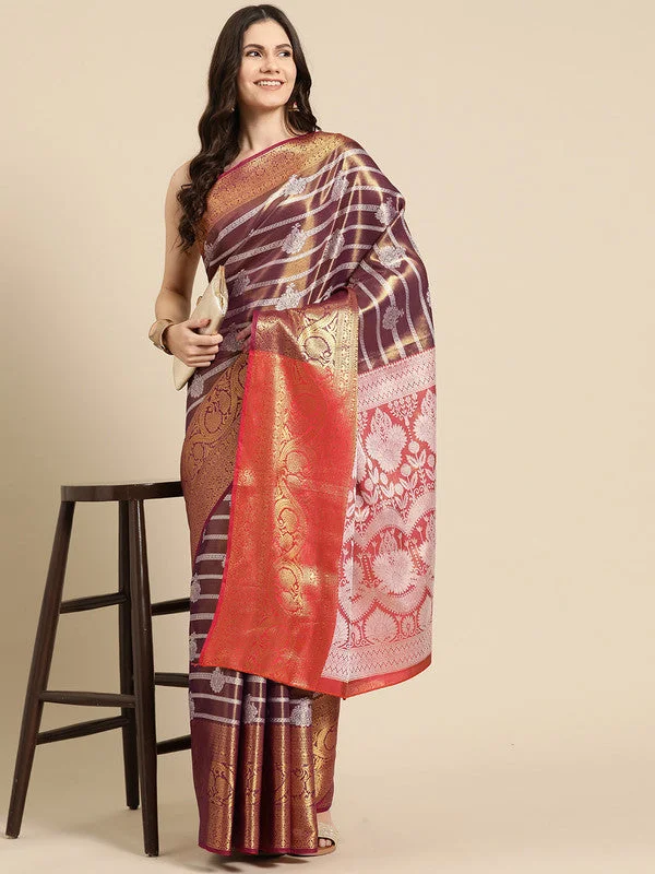 Purple Silk Blend Woven Zari Design Striped Saree with Unstitched Blouse - Hiral Fashion Airy Cotton Blouse Purple Silk Blend Woven Zari Design Striped Saree with Unstitched Blouse - Hiral Fashion Airy Cotton Blouse