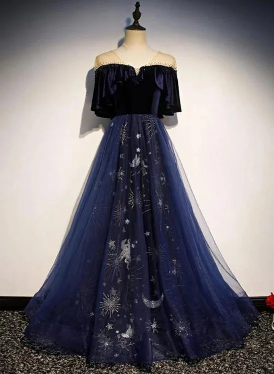 Elegant Blue Velvet Top Long Party Dress, Prom Gowns Tunics Trousers formal