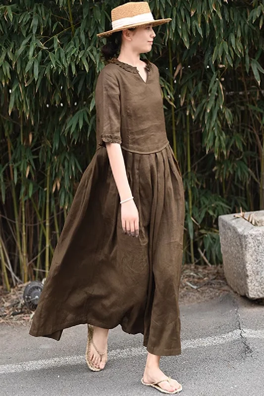 maxi linen dress with ruffle details 4320 Tunics Formal black