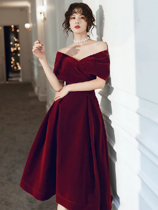 Beautiful Wine Red Velvet Tea Length Party Dress, Bridesmaid Dress Tunics Corduroy durable Beautiful Wine Red Velvet Tea Length Party Dress, Bridesmaid Dress Tunics Corduroy durable