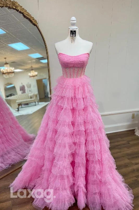 21976 - A Line Strapless Tulle Ruffles Pink Long Prom Party Dress Tunics Exclusive limited 21976 - A Line Strapless Tulle Ruffles Pink Long Prom Party Dress Tunics Exclusive limited