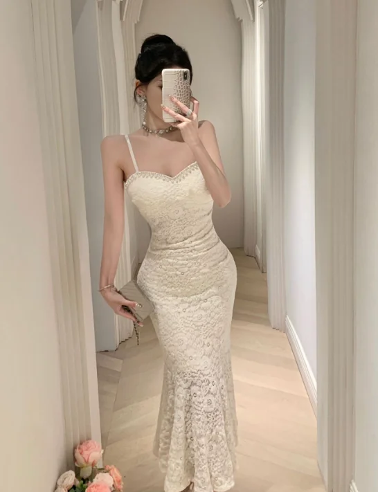 Graceful Beaded Strappy White Lace Maxi Cocktail Dress Tunics Fall fleece