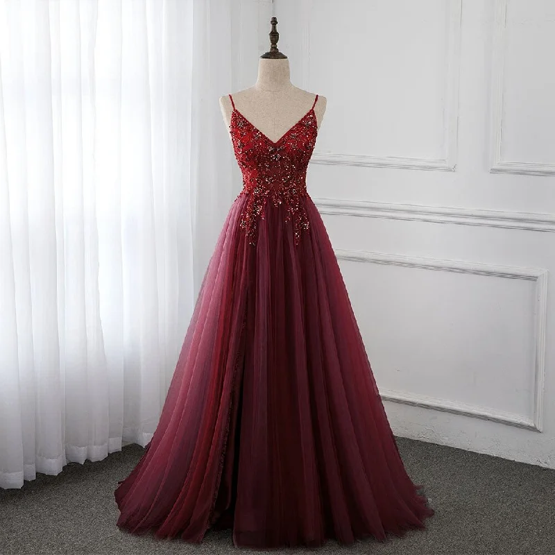 HIGH QUALITY BURGUNDY STRAPS BEADED LONG PARTY DRESS, LONG JUNIOR PROM DRESS KS3488 Crew Neckline Casual HIGH QUALITY BURGUNDY STRAPS BEADED LONG PARTY DRESS, LONG JUNIOR PROM DRESS KS3488 Crew Neckline Casual