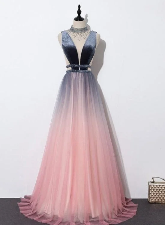 Blue and Pink Gradient Tulle Velvet Top Low Back Long Party Dress, A-line Prom Dress Evening Dress Tunics Lace romantic Blue and Pink Gradient Tulle Velvet Top Low Back Long Party Dress, A-line Prom Dress Evening Dress Tunics Lace romantic