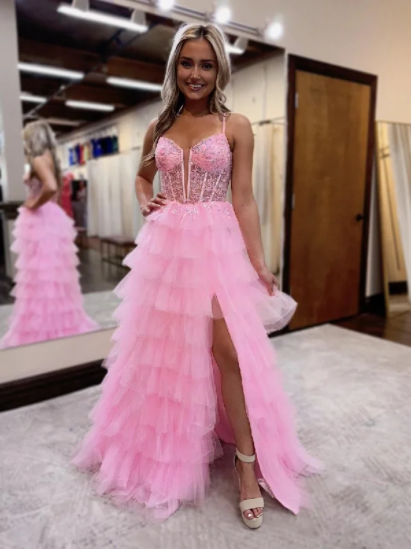 G4382 - A Line Illusion V Neck Appliques Tulle Tiered Pink Long Prom Party Dress with Slit Off-the-shoulder Chic Trendy G4382 - A Line Illusion V Neck Appliques Tulle Tiered Pink Long Prom Party Dress with Slit Off-the-shoulder Chic Trendy