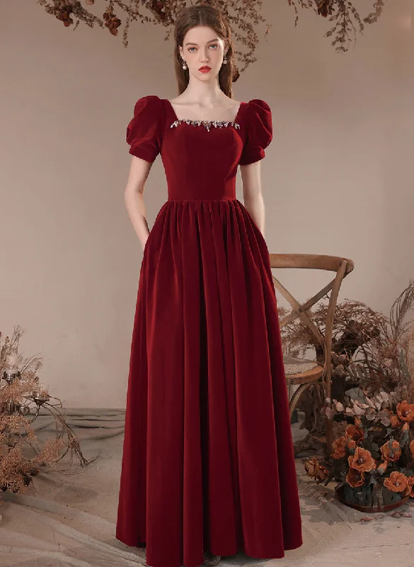 Wine Red Short Sleeves Velvet Long Party Dress, A-line Wine Red Formal Dress High-Low Hemline Casual Wine Red Short Sleeves Velvet Long Party Dress, A-line Wine Red Formal Dress High-Low Hemline Casual