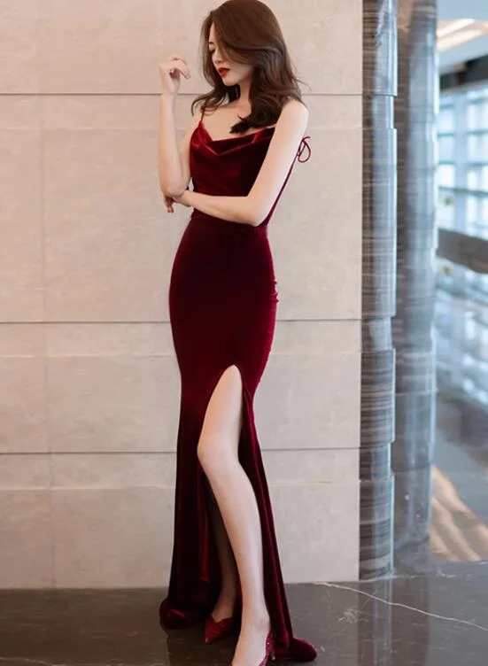 Burgundy Velvet Sexy Mermaid Slit Long Evening Dress, Backless Prom Dress Party Dress Tunics Evening elegant Burgundy Velvet Sexy Mermaid Slit Long Evening Dress, Backless Prom Dress Party Dress Tunics Evening elegant