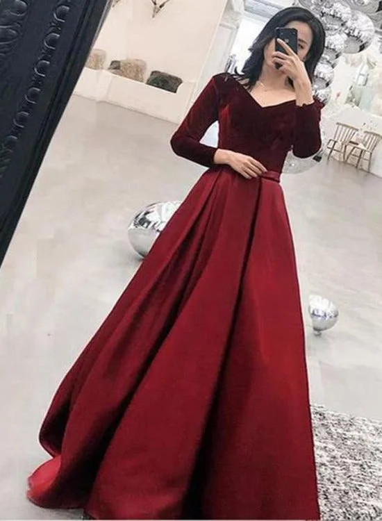 Wine Red Satin and Velvet Long Party Dress, Long Sleeves Evening Dress, Formal Dress Tunics Prom sequined Wine Red Satin and Velvet Long Party Dress, Long Sleeves Evening Dress, Formal Dress Tunics Prom sequined