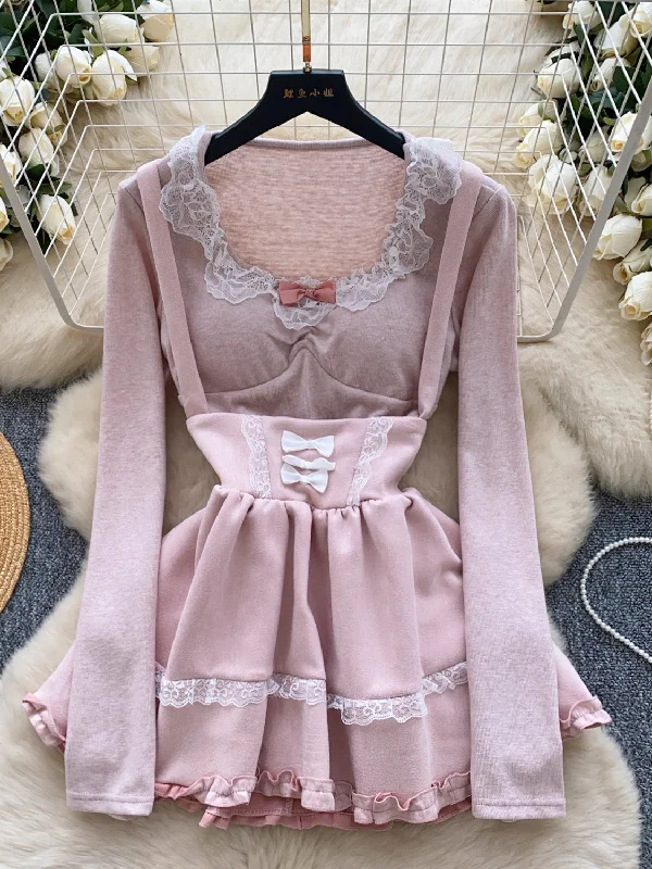 Lace Trims Ruffle Layers Soft Pink Dress Tunics Mesh breathable