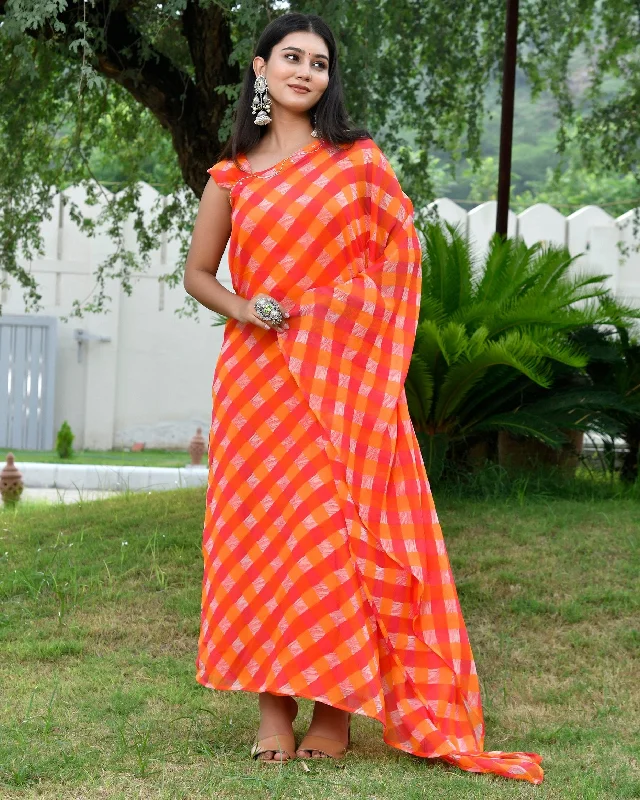 Flowy Orange Leheriya Kafatn Dress Crew Neckline Sporty